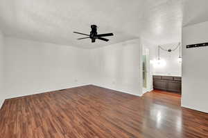 Interior space featuring ceiling fan, a textured ceiling, dark hardwood / wood-style floors, and sink