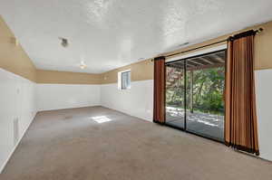 Unfurnished room with a textured ceiling and carpet floors