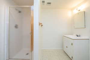 Bathroom in basement has walk in shower, sink & toilet