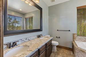 Bathroom with vanity, plenty of natural light, toilet, and a bath