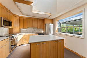 Kitchen featuring large skylight, decorative backsplash, stainless steel appliances, a center island, dark carpet, and sink