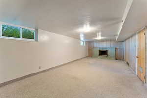 Basement with a textured ceiling, a wood-burning fireplace, and light colored carpet