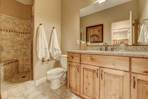 Bathroom with vanity, a shower with shower door, toilet, and tile patterned flooring