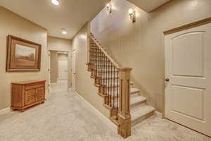 Staircase featuring carpet floors