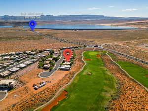 Aerial view with a water and mountain view