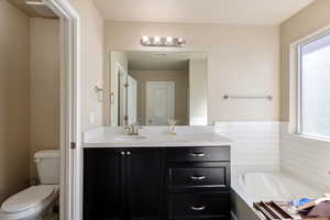 Bathroom featuring a bathtub, vanity, toilet, and a wealth of natural light