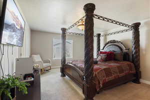 Bedroom featuring a textured ceiling and carpet floors