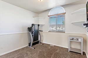 Workout room featuring dark carpet