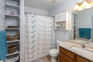 Bathroom with vanity, tile patterned flooring, toilet, and a shower with shower curtain