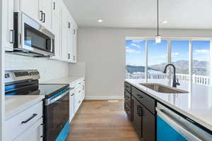 Kitchen featuring appliances with stainless steel finishes, white cabinetry, a mountain view, decorative light fixtures, and sink