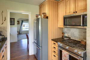 Kitchen with light brown cabinets, dark stone counters, high quality appliances, dark hardwood / wood-style flooring, and decorative backsplash