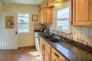 Kitchen featuring sink, tasteful backsplash, stainless steel dishwasher, dark stone counters, and dark hardwood / wood-style flooring