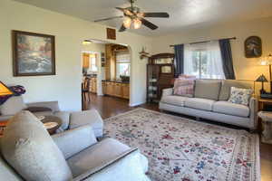 Living room featuring ceiling fan, sink, and dark wood-type flooring