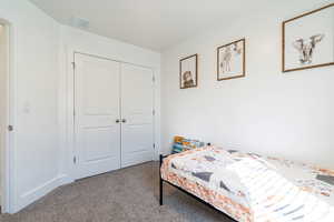 Carpeted bedroom with a closet