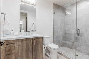 Bathroom featuring vanity, toilet, and a shower with door