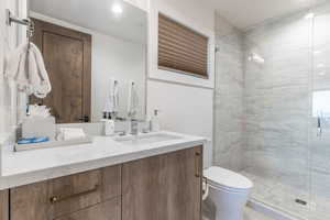 Bathroom with walk in shower, vanity, and toilet