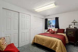 Carpeted bedroom with two closets and a textured ceiling