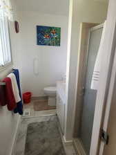 Bathroom featuring an enclosed shower, vanity, and toilet