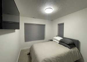 Carpeted bedroom featuring a textured ceiling