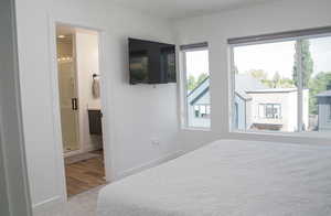 Bedroom with multiple windows, hardwood / wood-style flooring, and ensuite bathroom