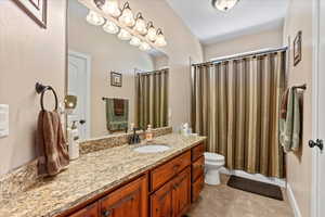 Bathroom with vanity, toilet, and a shower with shower curtain