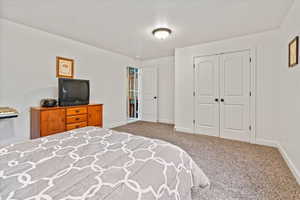 Bedroom featuring carpet flooring and a closet