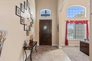 Foyer entrance with light carpet, a healthy amount of sunlight, and a high ceiling