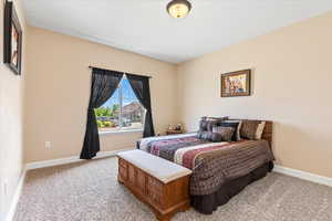 Bedroom with light carpet