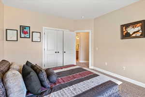 Carpeted bedroom with a closet