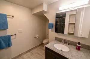 Bathroom featuring vanity, toilet, and walk in shower