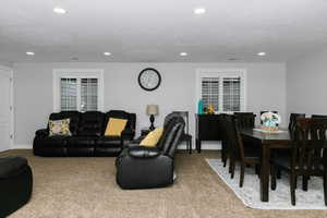 Carpeted living room featuring a textured ceiling