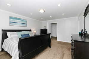 Bedroom with carpet flooring and ornamental molding