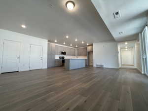 Unfurnished living room featuring wood-type flooring and sink