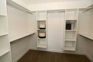 Walk in closet with dark colored carpet