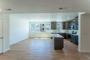 Kitchen with appliances with stainless steel finishes, a center island, light hardwood / wood-style flooring, and sink