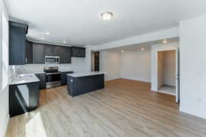 Kitchen with a center island, light hardwood / wood-style floors, appliances with stainless steel finishes, and sink