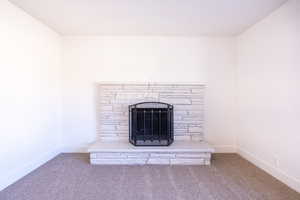 Interior details with carpet floors and a fireplace