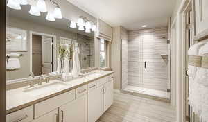 primary bath featuring large shower with fiberglass surround  (this image may differ from actual home/features)