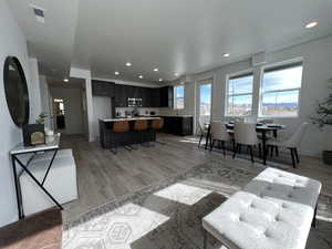 Living room with sink and light hardwood / wood-style flooring