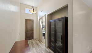 Foyer with light wood-type flooring and high vaulted ceiling