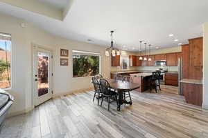 Dining room with a chandelier, light hardwood / wood-style floors, and a healthy amount of sunlight