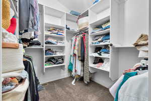 Walk in closet with dark carpet