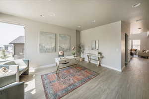Living area featuring light hardwood / wood-style floors and a textured ceiling