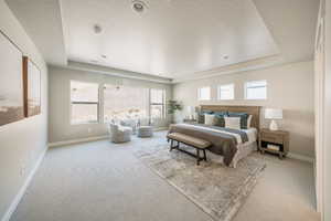 Bedroom with multiple windows and light carpet