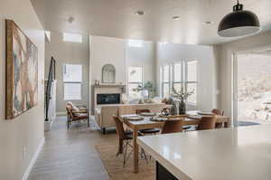Dining room featuring a textured ceiling, light hardwood / wood-style floors, and a wealth of natural light
