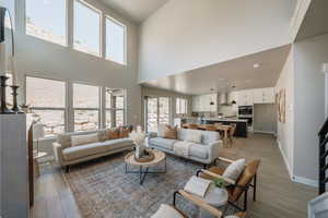 Living room featuring a wealth of natural light, a high ceiling, and light wood-type flooring