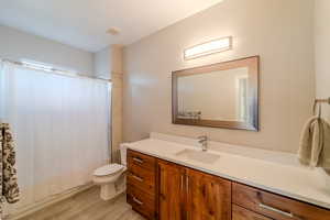 Bathroom with hardwood / wood-style floors, walk in shower, vanity, and toilet