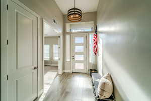 Entrance foyer with light hardwood / wood-style floors