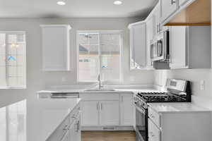 Kitchen featuring light hardwood / wood-style flooring, white cabinets, stainless steel appliances, and sink