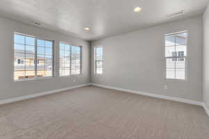 Empty room featuring a textured ceiling, a healthy amount of sunlight, and carpet floors